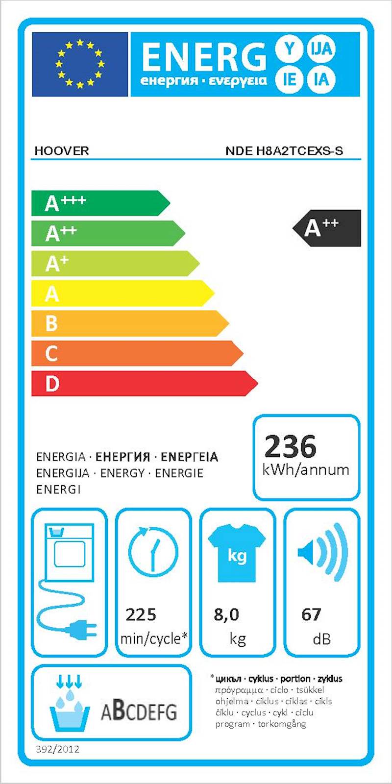 Sušilni stroj Hoover NDE H8A2Tcexs-S, 8kg, A++